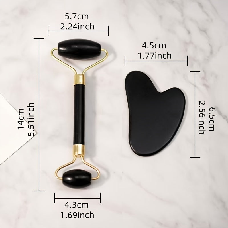 Eleganter Schwarzer Jade-Gesichts-Massage-Roller & Gua Sha Set
