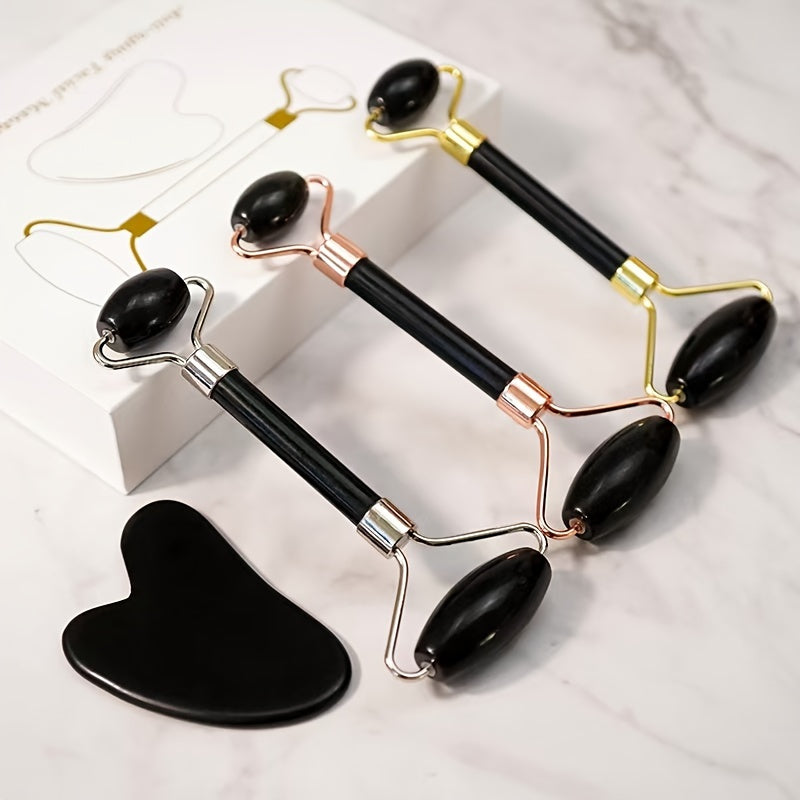 Eleganter Schwarzer Jade-Gesichts-Massage-Roller & Gua Sha Set