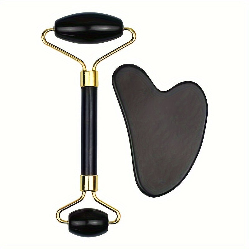 Eleganter Schwarzer Jade-Gesichts-Massage-Roller & Gua Sha Set