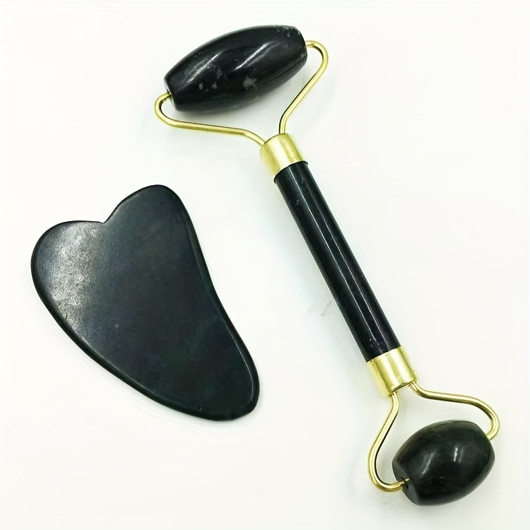 Eleganter Schwarzer Jade-Gesichts-Massage-Roller & Gua Sha Set